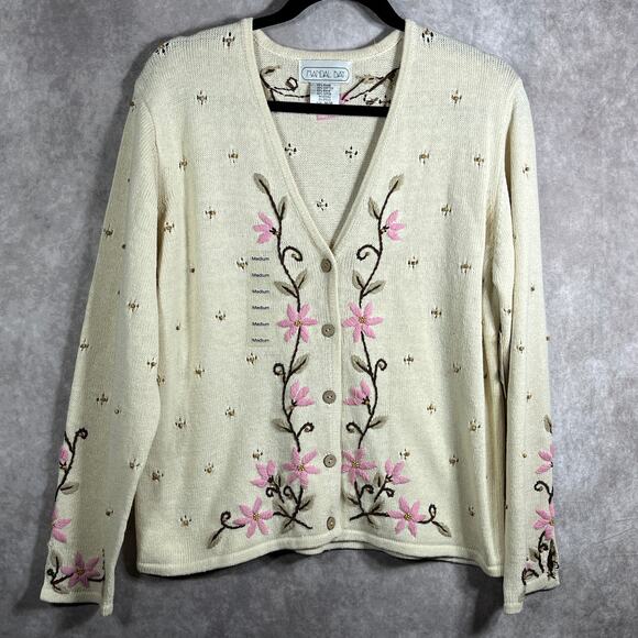 Vintage Mandal‎ Bay Cardigan Sweater Womens Medium Cream Knit Floral Cottagecore - Picture 1 of 10